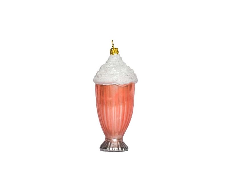 Boule Noël en verre forme milkshake rose avec crème blanche. Décoré main. 12cm