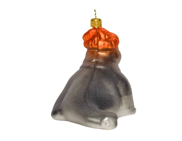 Boule de Noël en verre soufflé décoré main forme de phoque avec bonnet orange. vue de dos