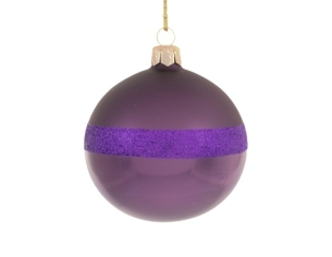 Boule de Noël mauve en verre soufflé et décorée de paillettes mauves. Diamètre 8cm. Boule de Noël mauve en verre soufflé et décorée de paillettes mauves. Diamètre 8cm.