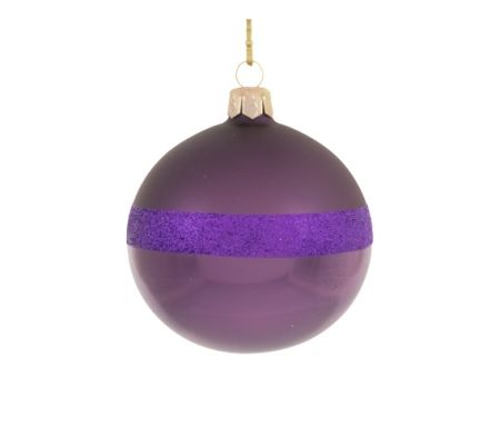 Boule de Noël mauve en verre soufflé et décorée de paillettes mauves. Diamètre 8cm.