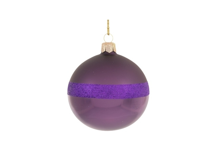 Boule de Noël mauve en verre soufflé et décorée de paillettes mauves. Diamètre 8cm.