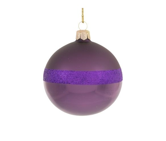 Boule de Noël mauve en verre soufflé et décorée de paillettes mauves. Diamètre 8cm.