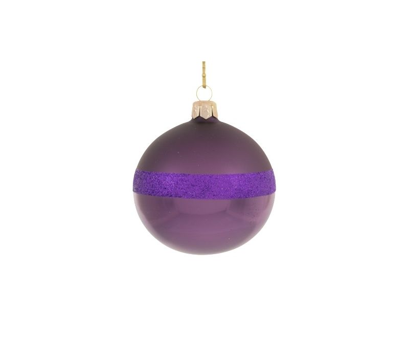 Boule de Noël mauve en verre soufflé et décorée de paillettes mauves. Diamètre 8cm.