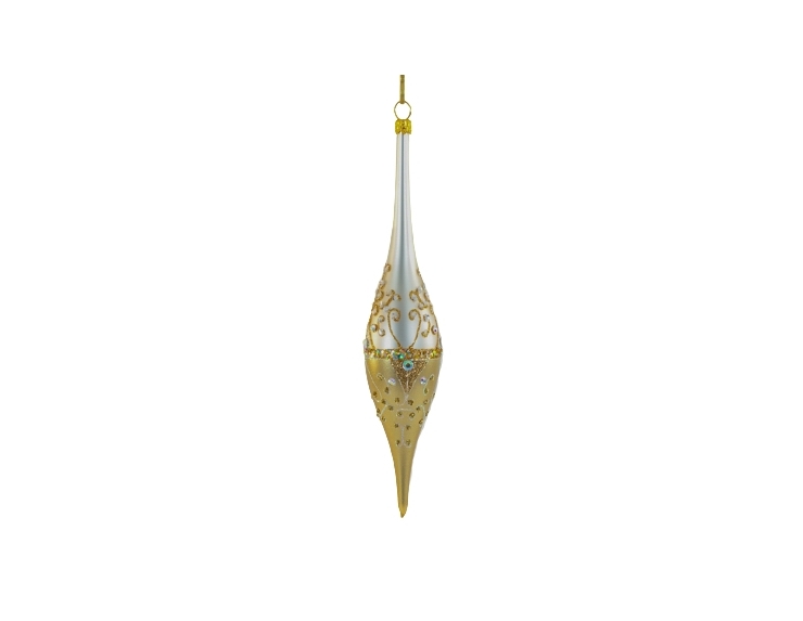Suspension goutte en verre baroque blanc et or décoré à la main. Hauteur 17 cm