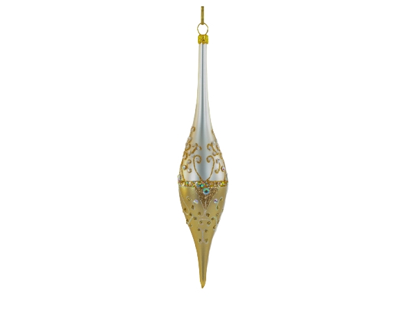 Suspension goutte en verre baroque blanc et or décoré à la main. Hauteur 17 cm