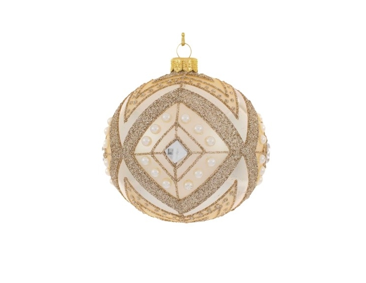 Boule de Noël moderne champagne décor géométriques et perles ø 12cm