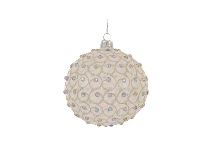 Boule de Noël blanche en verre soufflé décorée de dizaines de strass brillants. Boule de luxe. Diamètre 10cm