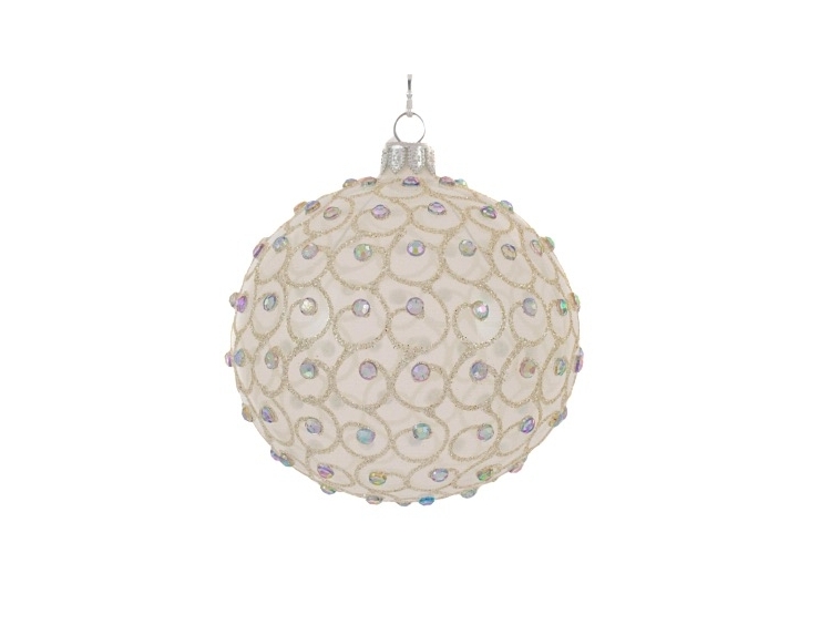 Boule de Noël blanche en verre soufflé décorée de nombreux strass brillant tout autour de la boule. Diamètre 12cm.
