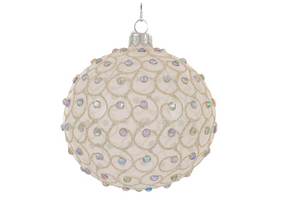 Boule de Noël blanche en verre soufflé décorée de nombreux strass brillant tout autour de la boule. Diamètre 12cm.