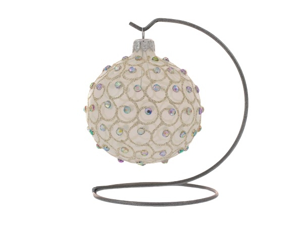 Boule de Noël blanche en verre soufflé décorée de nombreux strass brillant tout autour de la boule. Diamètre 12cm.