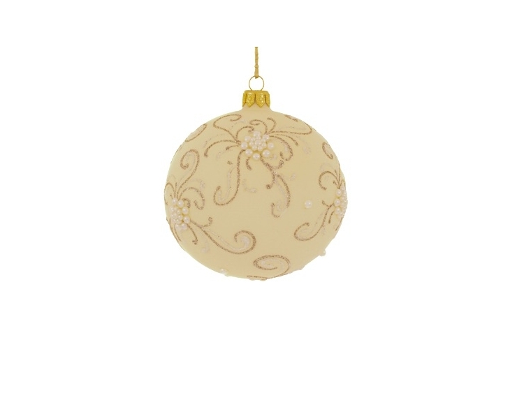 Boule de Noël champagne clair verre soufflé et décoré main avec des arabesques en paillettes. Diamètre 8cm