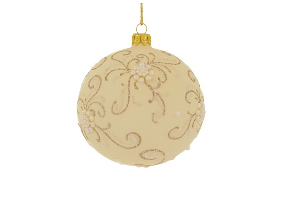 Boule de Noël champagne clair verre soufflé et décoré main avec des arabesques en paillettes. Diamètre 8cm