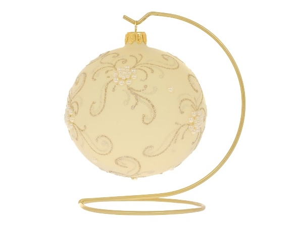 boule de Noël crème en verre soufflé, dessin arabesques champagne et perles. boule de Noël artisanale, diamètre 12cm