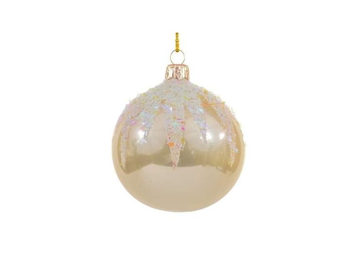 Boule de Noël champagne verre soufflé décor effet neige sur le dessus de la boule diamètre 8cm