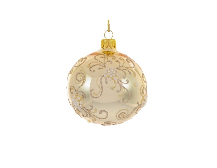 boule de Noël shabby chic champagne en verre soufflé, décor champagne et perles. Diamètre 8cm