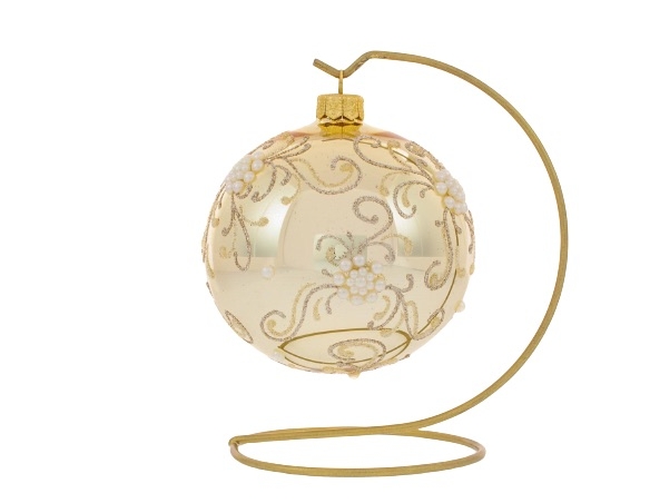 boule de Noël shabby chic champagne en verre soufflé, décor champagne et perles. Diamètre 8cm.
