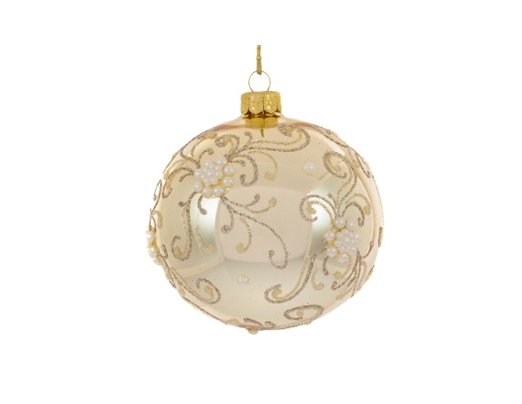 Boule de Noël shabby chic couleur champagne décor arabesques or et perles ø 12cm