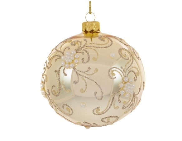 Boule de Noël shabby chic couleur champagne décor arabesques or et perles ø 12cm