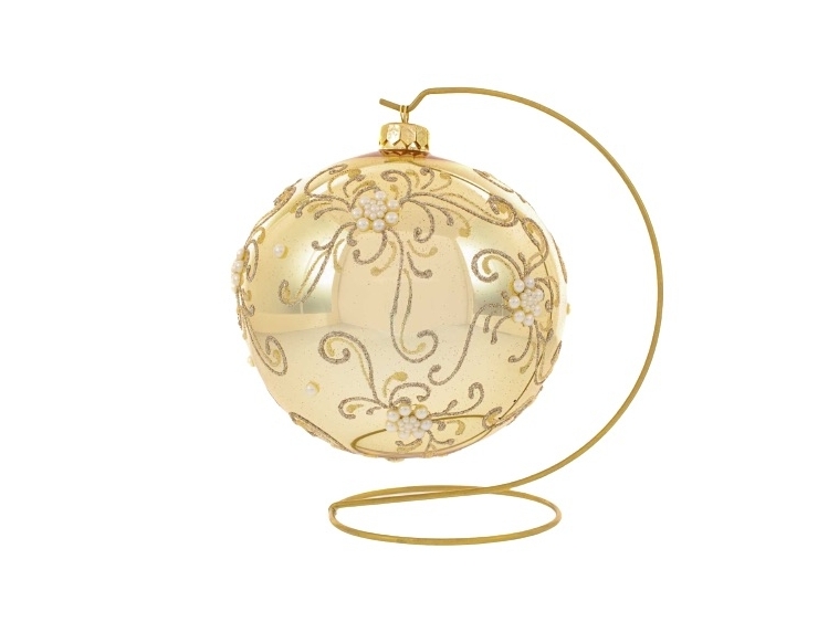 Grande Boule de Noël shabby chic couleur champagne décor arabesques or et perles diamètre 15cm avec support