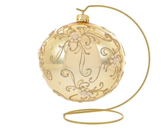 Grande Boule de Noël shabby chic couleur champagne décor arabesques or et perles diamètre 15cm avec support
