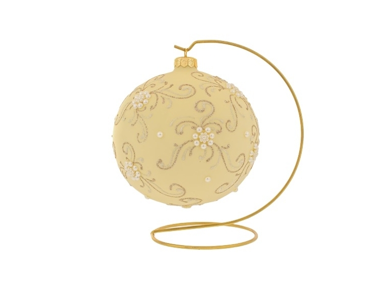Boule de Noël baroque avec support couleur crème décor arabesques or et perles ø 15cm