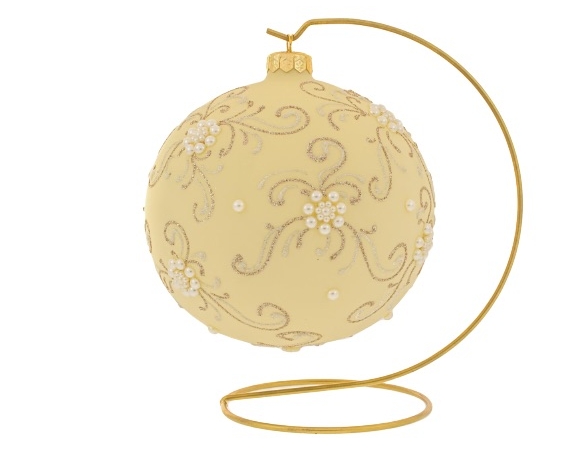 Boule de Noël baroque avec support couleur crème décor arabesques or et perles ø 15cm