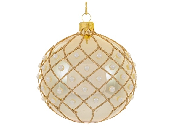 boule de Noël moderne en verre soufflé, couleur champagne avec beaucoup de perles nacrées. Diamètres 12cm.