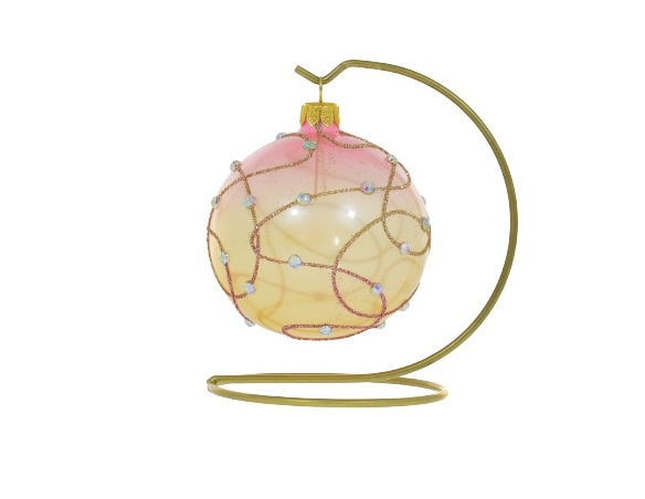 boule de Noël rose dégradé orange, décor spirales en paillettes et strass blanc. Diamètre 8cm