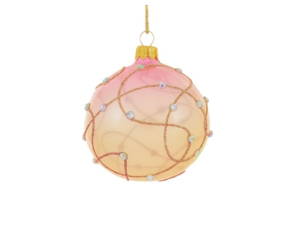 boule de Noël rose dégradé orange, décor spirales en paillettes et strass blanc. Diamètre 8cm