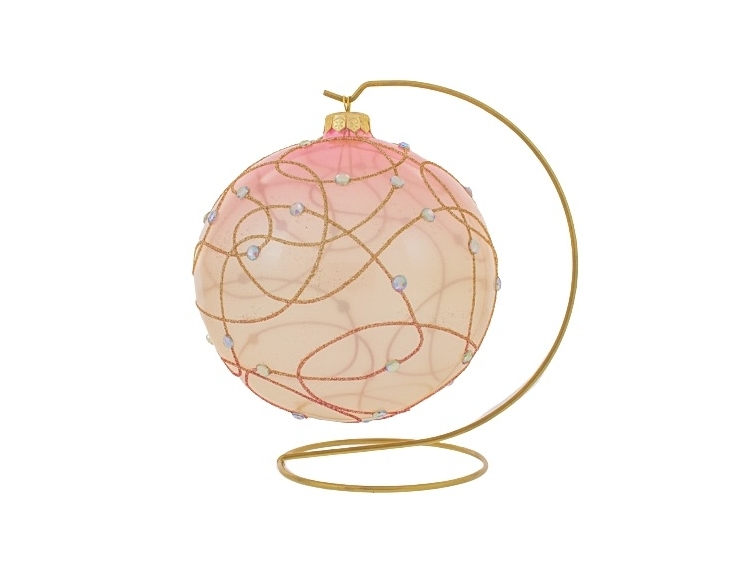 Grande boule de Noël décorative, 15cm de diamètre, dégradé de rose avec décors lignés en paillettes et strass