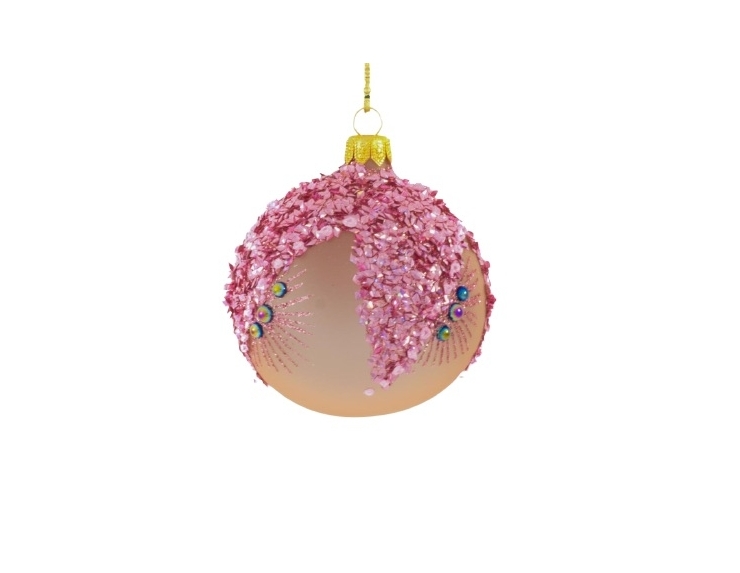 boule de Noël taupe mate avec des cristaux roses. Diamètre 8cm