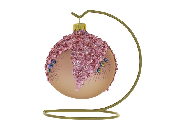 boule de Noël taupe mate avec des cristaux roses. Diamètre 8cm