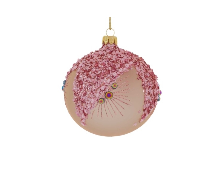 Boule de Noël moderne en verre couleur taupe avec cristaux rose diamètre 10cm