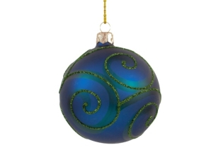 Boule de Noël bleu foncé spirales vertes en verre soufflé  Diamètre 8cm