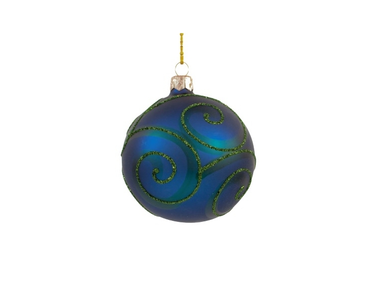 Boule de Noël bleu foncé spirales vertes en verre soufflé  Diamètre 8cm