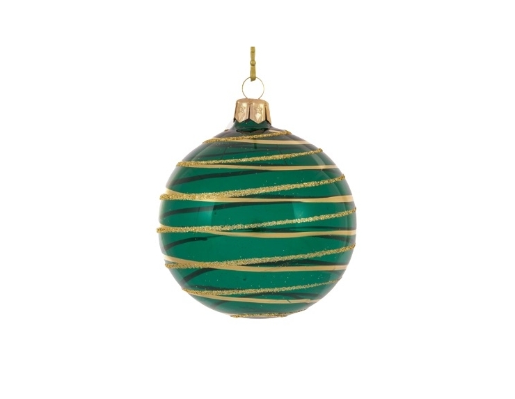 Boule de Noël vert émeraude transparente spirales dorées autour de la boule. Diamètre 8cm