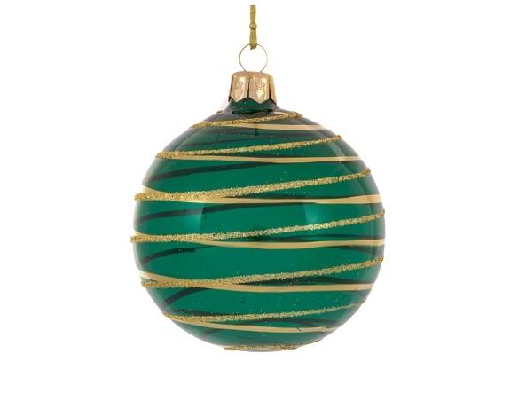 Boule de Noël vert émeraude transparente spirales dorées autour de la boule. Diamètre 8cm