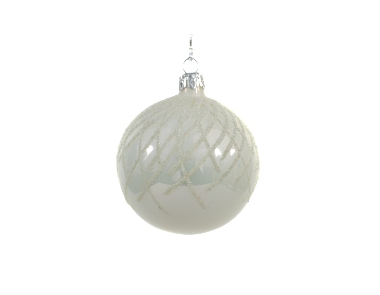 Boule de Noël blanche brillante avec petites perles en relief sur le dessus de la boule. Diamètre 8cm