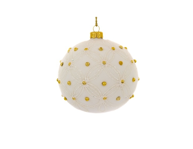 Boule de Noël blanche en verre soufflé  ornée de perles dorées tout autour. DIAMÈTRE 10CM
