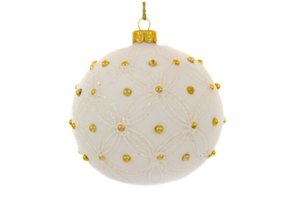 Boule de Noël blanche en verre soufflé  ornée de perles dorées tout autour. DIAMÈTRE 10CM