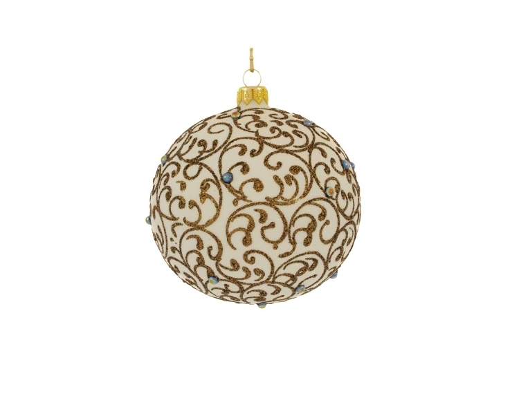 Boule de Noël baroque crème mate en verre soufflé, décors bronze et perles holographiques. Diamètre 10cm