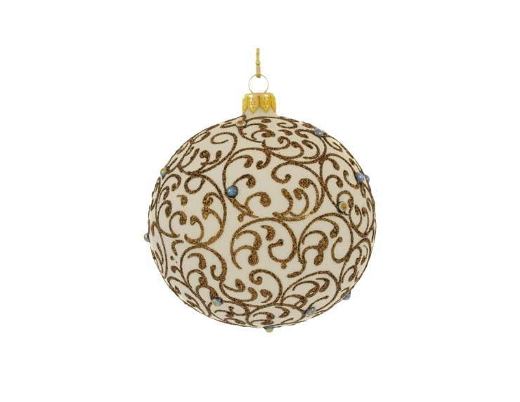 Boule de Noël style baroque crème motifs arabesques dorées D 12cm