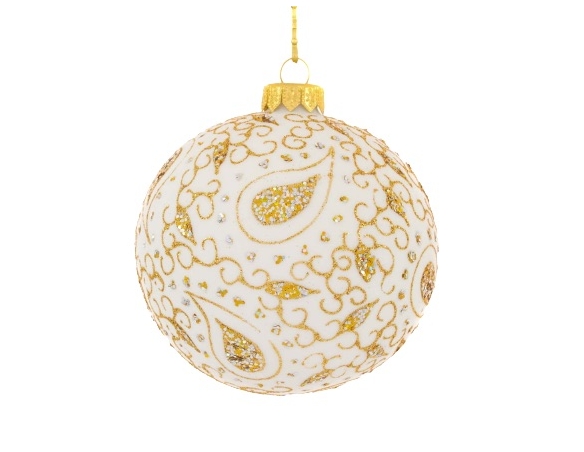 Boule de Noël blanche motifs cachemire en paillettes dorées diamètre 10cm