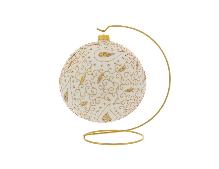 Grande Boule de Noël blanche en verre soufflé décors motifs cachemire en paillettes dorées, diamètre 15cm.