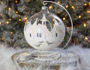 Grande boule de Noël blanche et transparente en verre soufflé pour bougie, décor village de Noël blanc. Bougeoir de Noël.