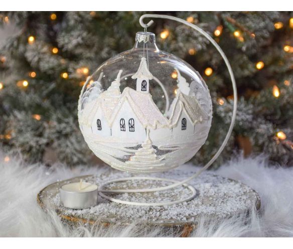 Grande boule de Noël blanche et transparente en verre soufflé pour bougie, décor village de Noël blanc. Bougeoir de Noël.