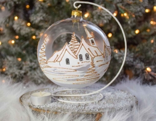 boule de Noël photophore verre soufflé village blanc et doré. Bougeoir de Noël pour bougie. Support inclus