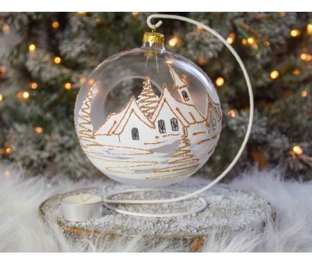 boule de Noël photophore verre soufflé village blanc et doré. Bougeoir de Noël pour bougie. Support inclus