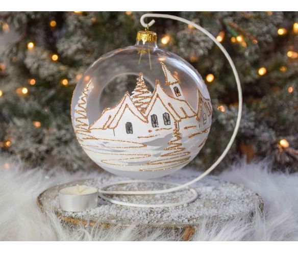 boule de Noël photophore verre soufflé village blanc et doré. Bougeoir de Noël pour bougie. Support inclus