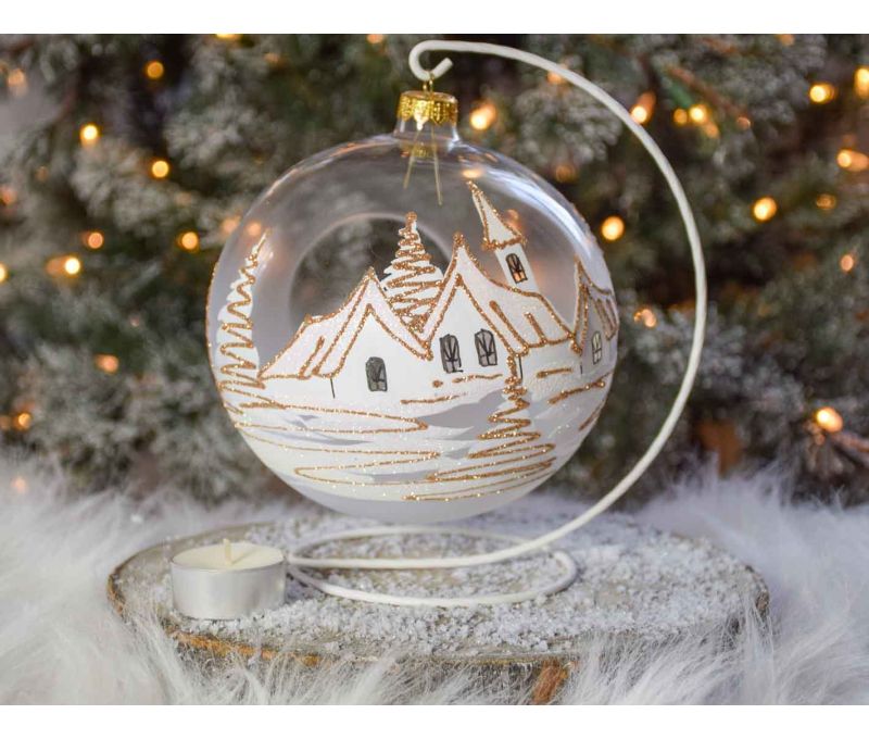 boule de Noël photophore verre soufflé village blanc et doré. Bougeoir de Noël pour bougie. Support inclus